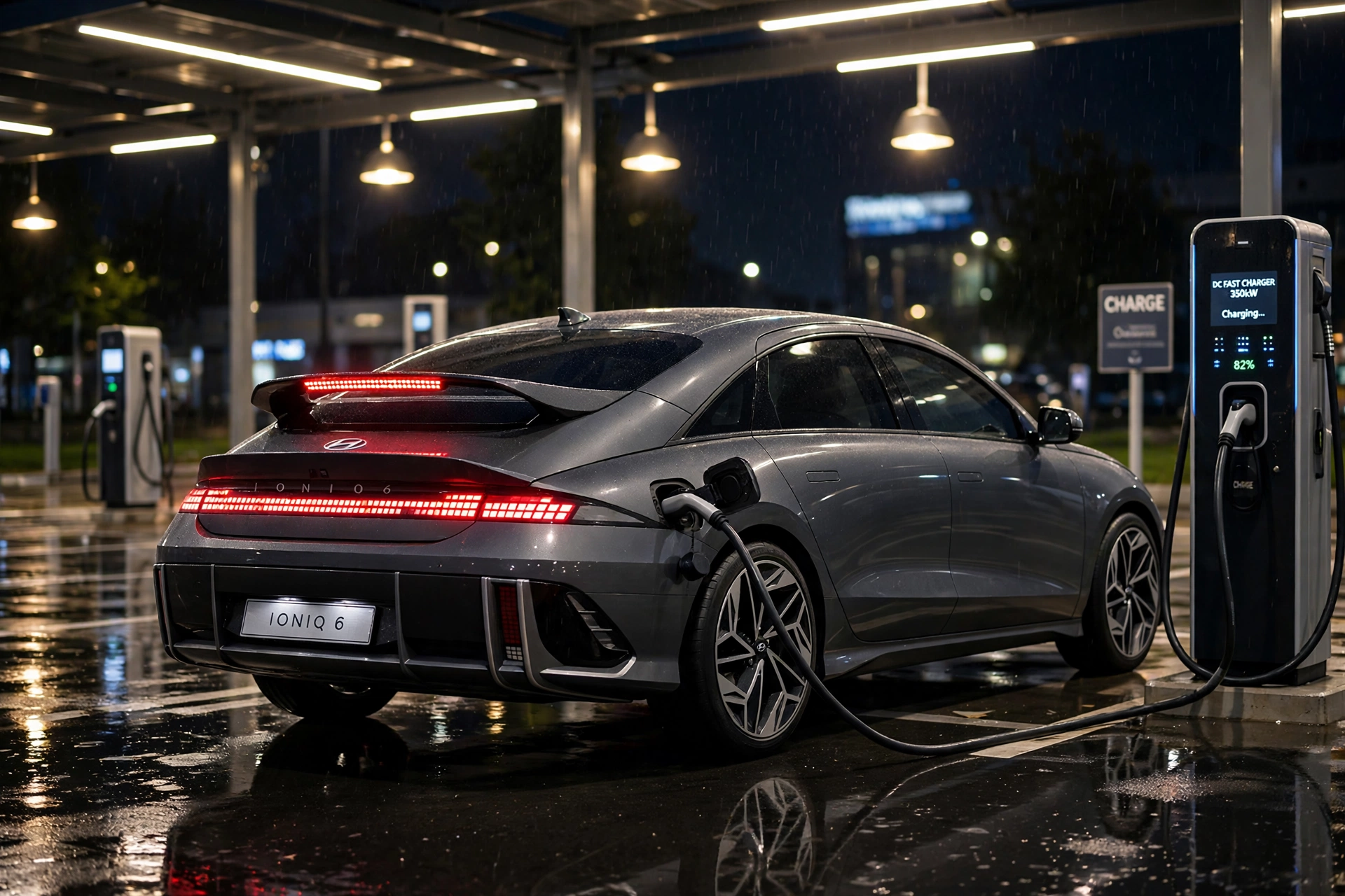 2026 Hyundai Ioniq 6 plugged into a 350 kW DC fast charger at night, full-width pixel tail light and the pixel brake light in its rear wing glowing