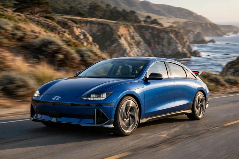 Transmission Blue 2026 Hyundai Ioniq 6 electric sedan carving along a coastal highway at speed, parametric pixel headlights lit