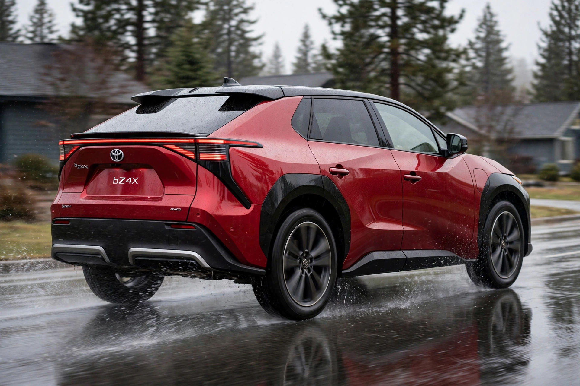 Rear three-quarter view of a 2026 toyota bz4x in Supersonic Red on a wet road showing its full-width rear light bar and black fender cladding