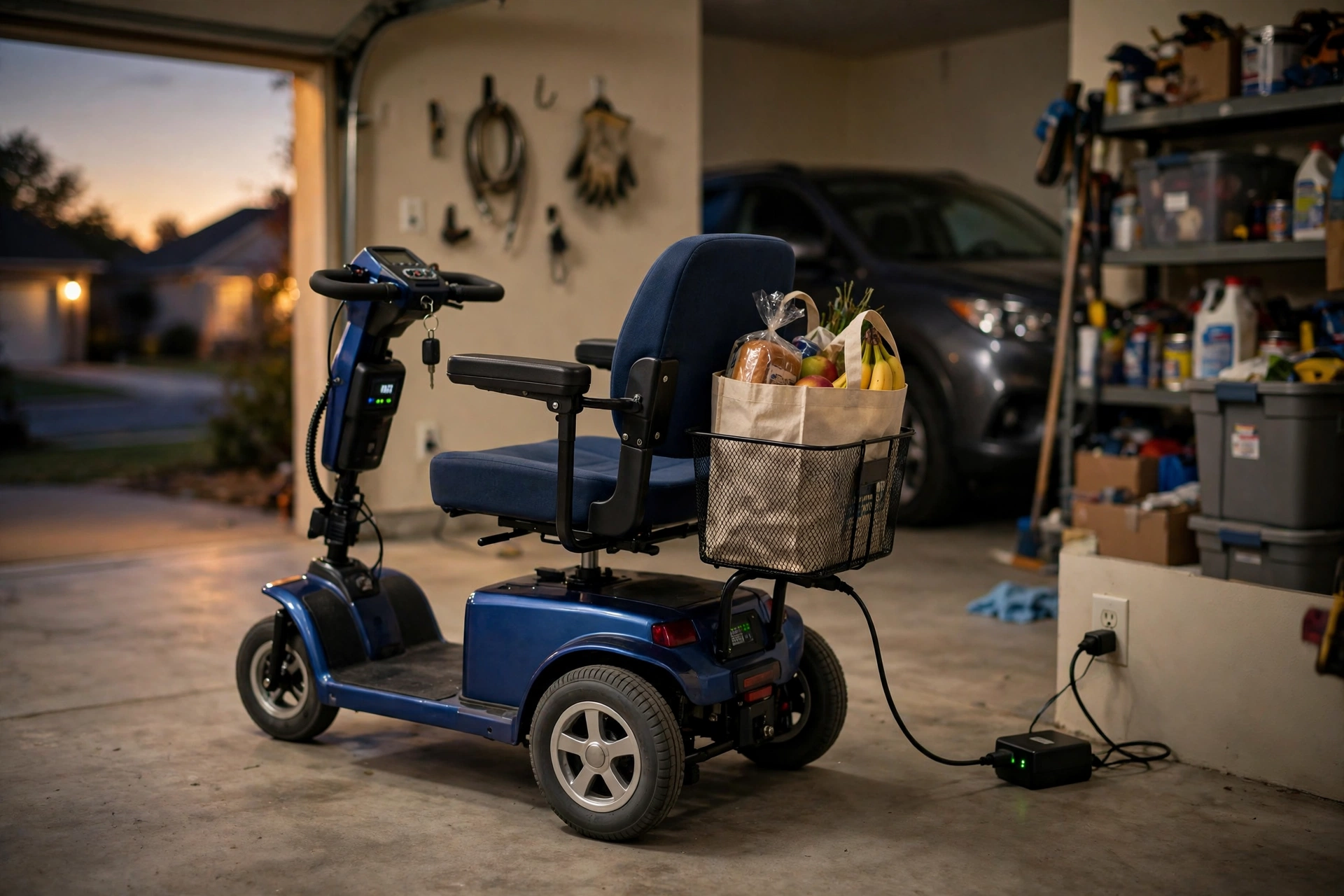 Blue 3 wheel electric scooter plugged into its charger in a home garage, grocery bag in the rear basket