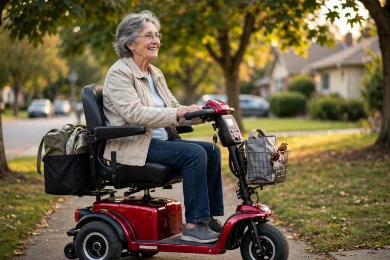 Senior woman riding a red 3 wheel electric scooter with a captain's seat and shopping baskets along a leafy suburban sidewalk