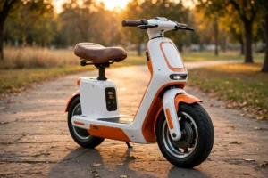 White and orange A3 aero electric scooter seated self-balancing two-wheeler on a park path at golden hour