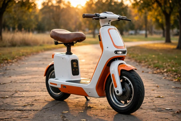 White and orange A3 aero electric scooter seated self-balancing two-wheeler on a park path at golden hour