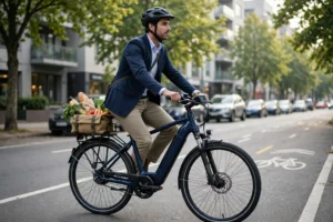 Commuter in a helmet riding a navy step-through actbest electric bike with a loaded rear rack bag along a tree-lined city bike lane