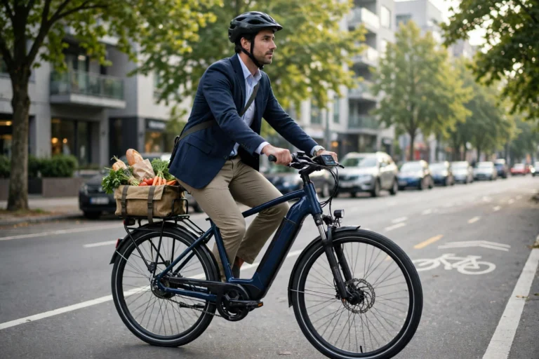 Commuter in a helmet riding a navy step-through actbest electric bike with a loaded rear rack bag along a tree-lined city bike lane