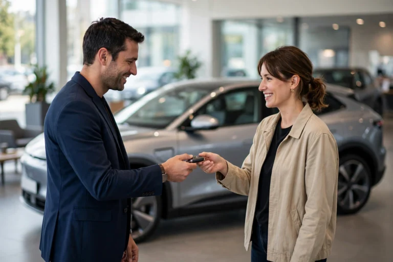 New electric SUV at a dealership during key handover