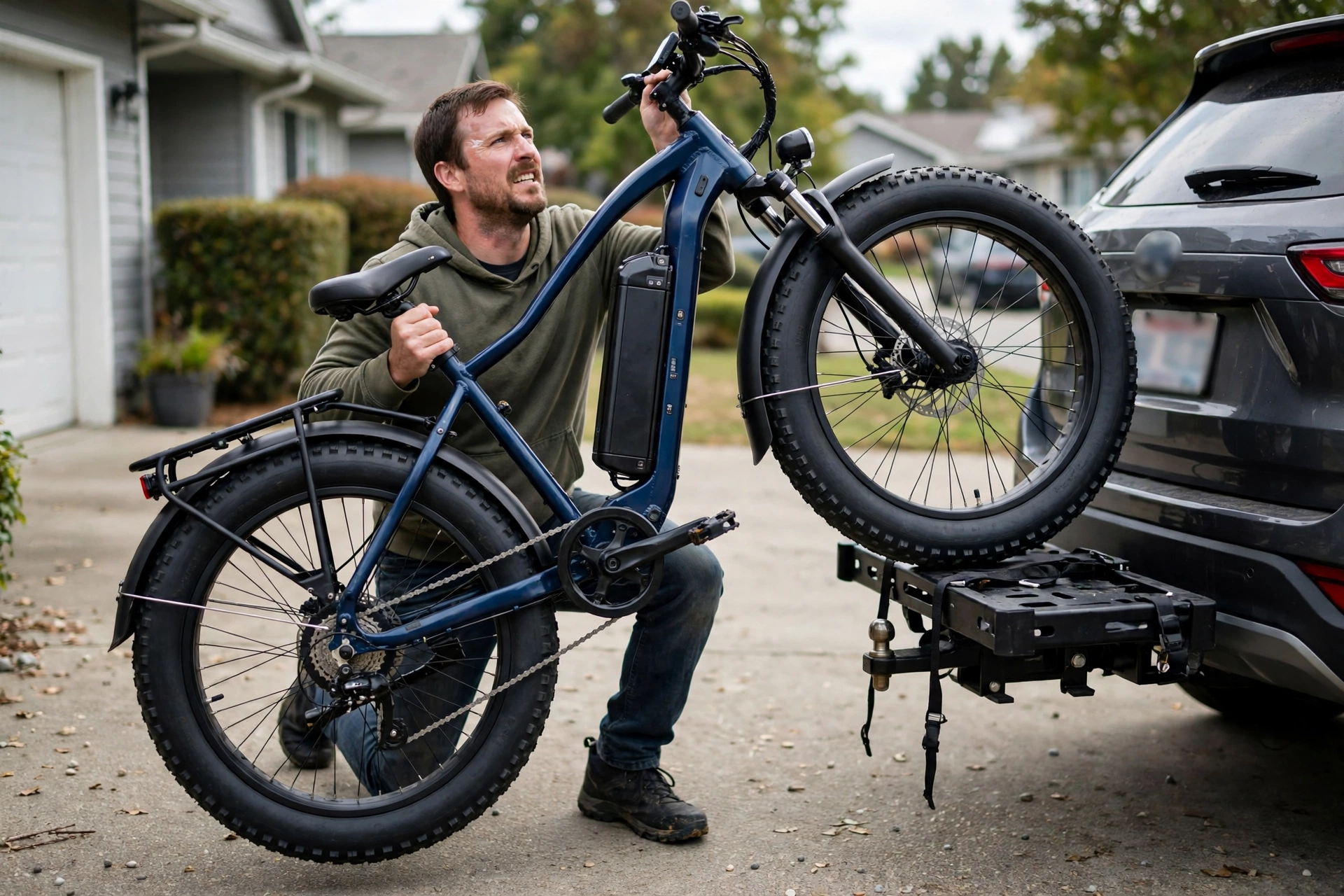 Owner straining to lift the heavy deep-blue aventon aventure m ebike onto a hitch-mounted car rack behind an SUV, its wide fat tyre, mid-drive motor and rear rack visible