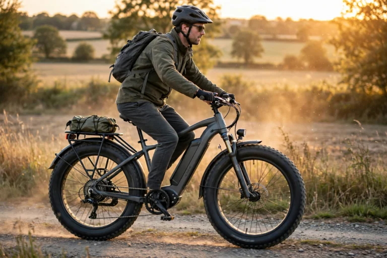 Rider cruising along a gravel trail at golden hour on a dark grey aventon aventure m ebike with wide 4-inch fat tyres, a mid-drive motor at the cranks and a downtube battery