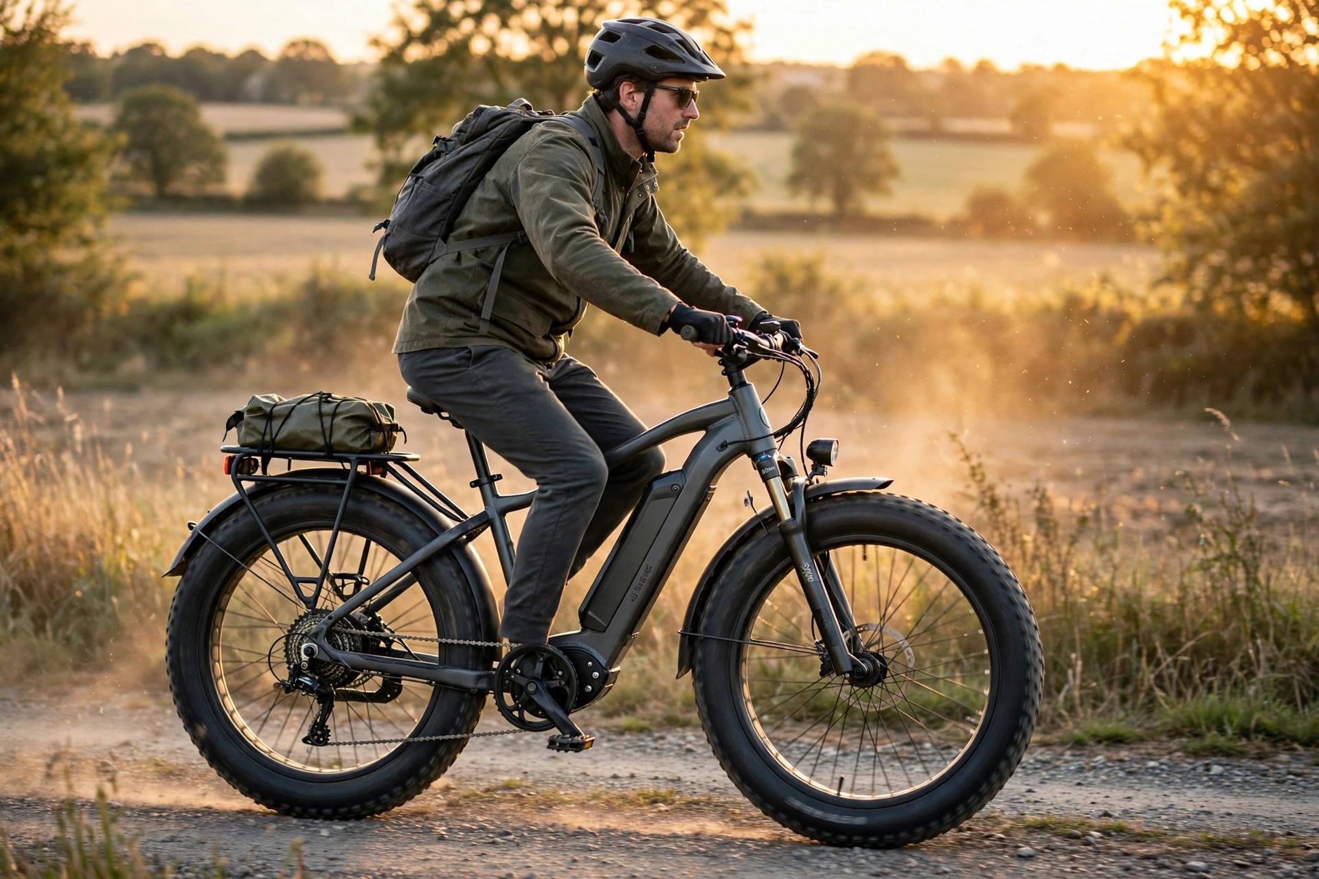 Rider cruising along a gravel trail at golden hour on a dark grey aventon aventure m ebike with wide 4-inch fat tyres, a mid-drive motor at the cranks and a downtube battery