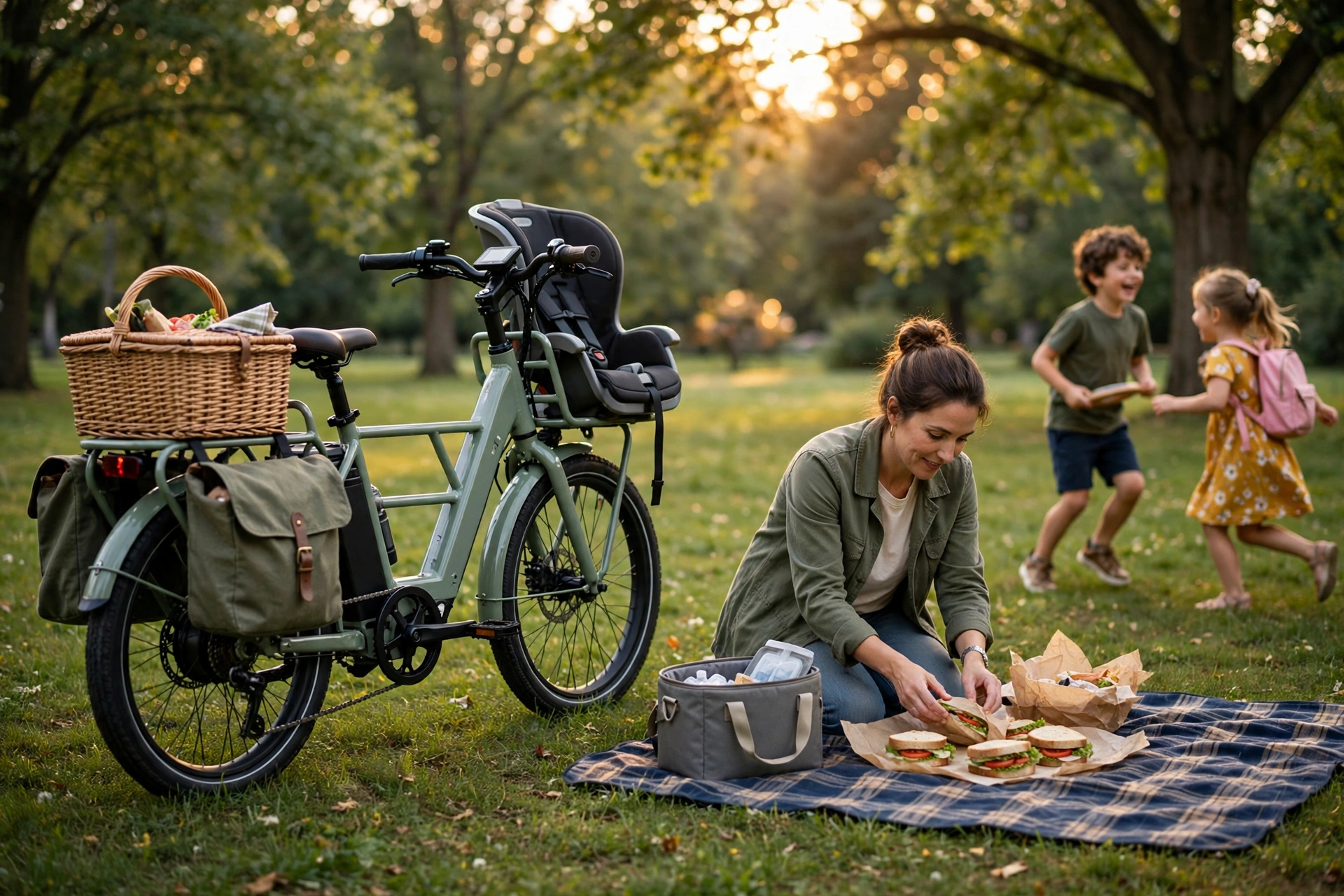 Long-tail cargo e-bike loaded with a picnic basket, panniers and a fitted child seat parked on grass in a park at golden hour, showing what avington e bikes shoppers can carry on a family day out