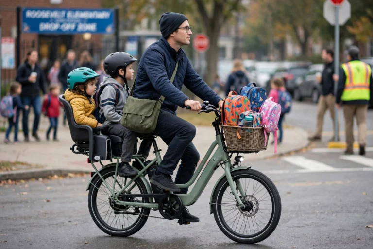 Parent riding a sage green long-tail cargo e-bike on the school run with a child in a rear rack child seat and an older child on the rear pad — the family machine most people searching avington e bikes are actually looking for