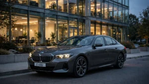 BMW i5 luxury electric sedan in dark grey parked outside a modern glass office building at dusk