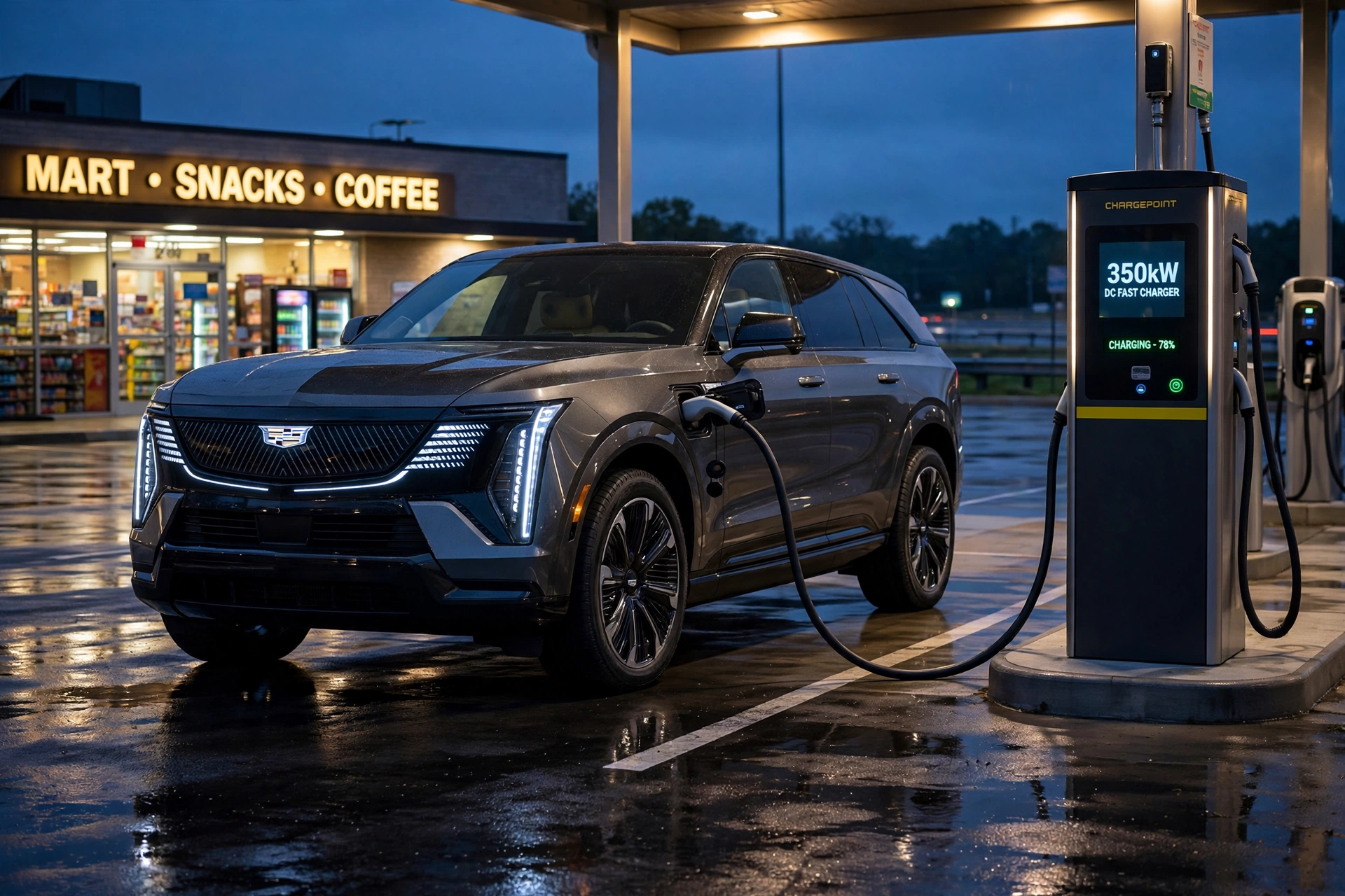 A dark Cadillac Escalade IQ electric SUV plugged into a highway DC fast charger at dusk with its charge port open and the station lights glowing