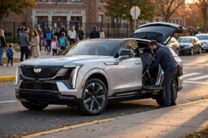 A silver Cadillac Escalade IQ electric SUV parked outside a school at pickup time with its rear hatch open while a parent loads a folded stroller into the cargo area