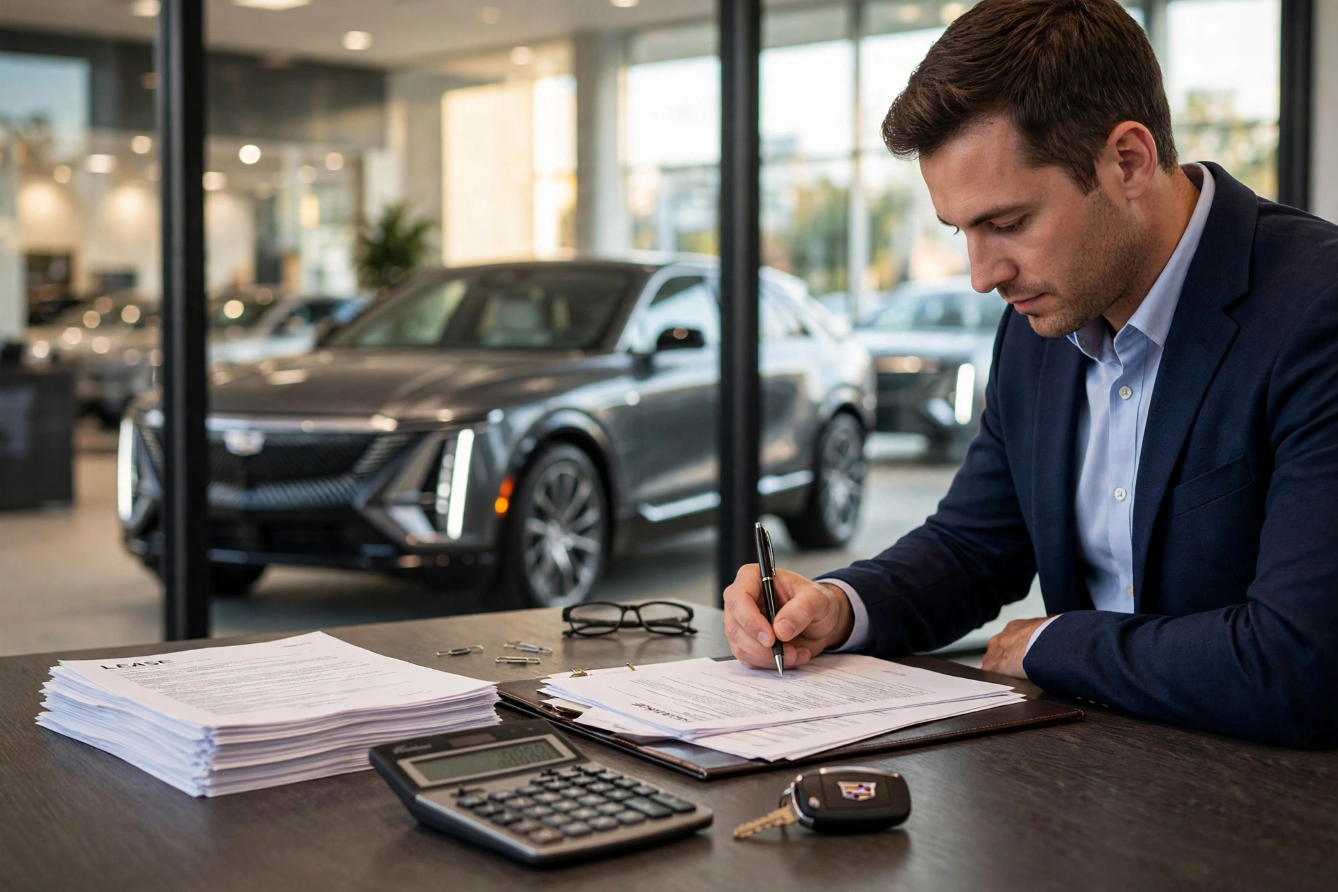 Customer reviewing Cadillac Lyriq lease paperwork at a dealership desk, calculator and Cadillac key fob beside the contract and the car visible through the window