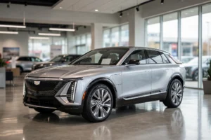 Silver Cadillac Lyriq electric SUV in a bright dealership showroom, the car at the centre of this month's Cadillac Lyriq lease deals
