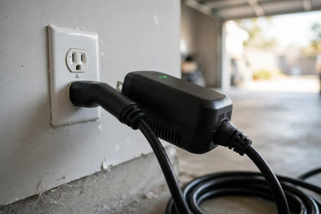 Close-up of a portable EV charging cable used to charge an electric car with a regular outlet