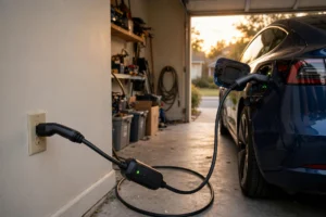 Electric car charging cable plugged into a regular household wall outlet in a home garage