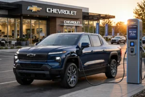 2026 Chevy Silverado EV electric pickup truck charging at a DC fast charger at sunset