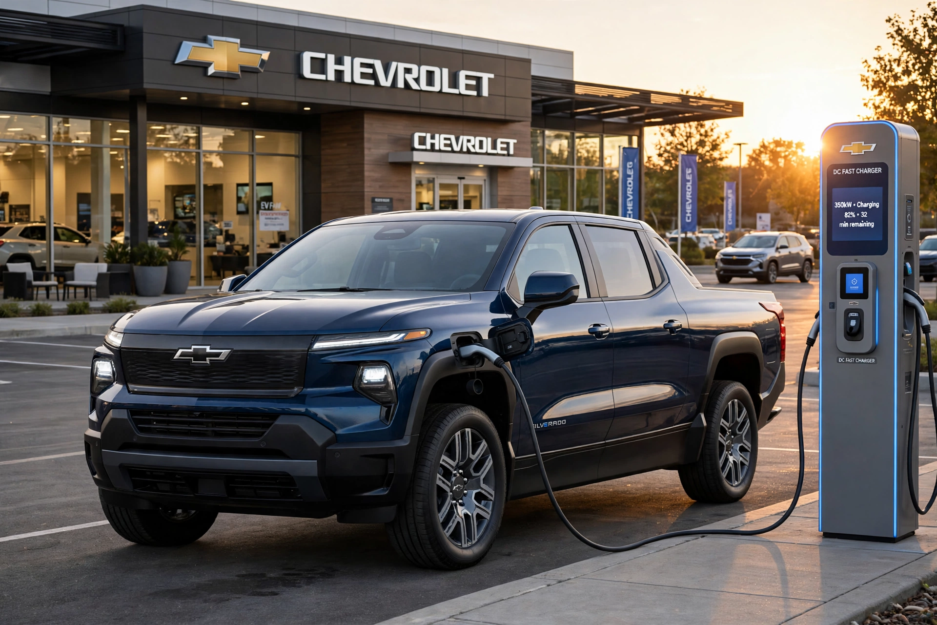 2026 Chevy Silverado EV electric pickup truck charging at a DC fast charger at sunset