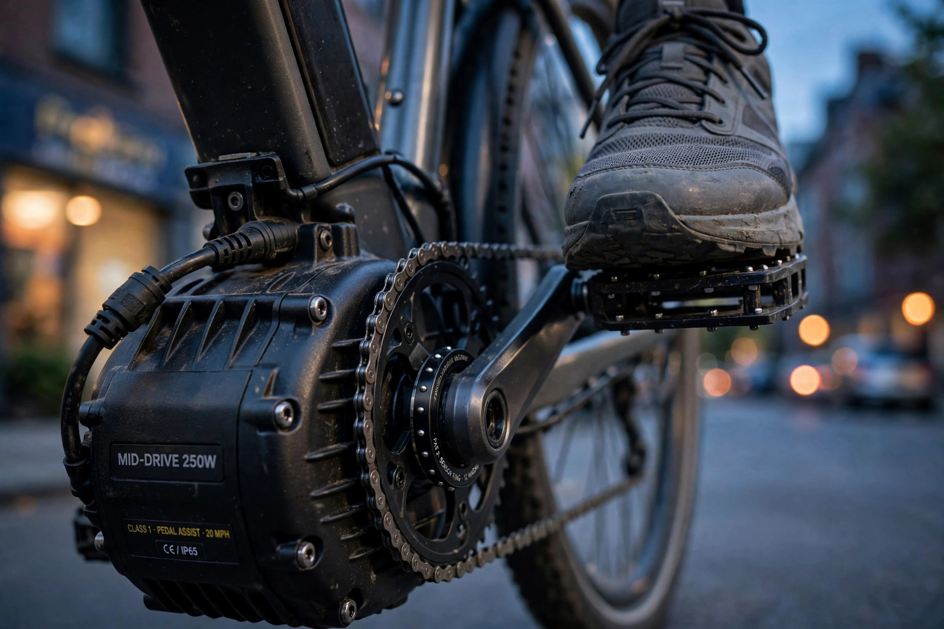 Close-up of a mid-drive motor labeled Class 1 pedal assist 20 mph with a rider's foot on the pedal at dusk