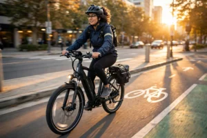 Olive green class 1 ebike with mid-drive motor on a city bike path at sunset
