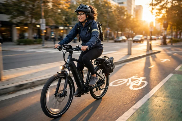 Olive green class 1 ebike with mid-drive motor on a city bike path at sunset