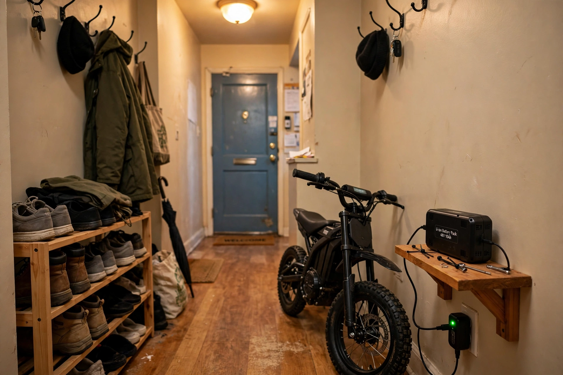 A compact electric dirt bike stored in the corner of an apartment hallway with its removable battery charging on a small shelf beside a wall socket