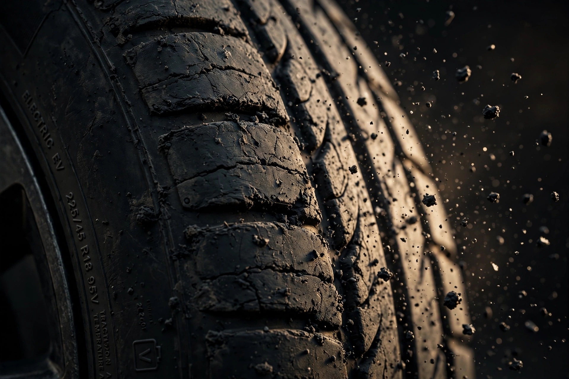 Close-up of a worn electric car tyre showing heavy tread wear and rubber particles