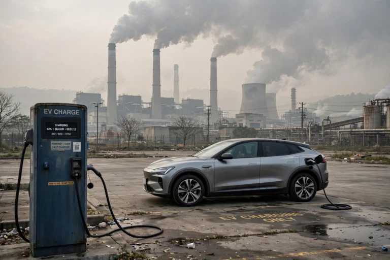 Electric car charging with a coal power plant in the background, showing the hidden environmental cost of EVs