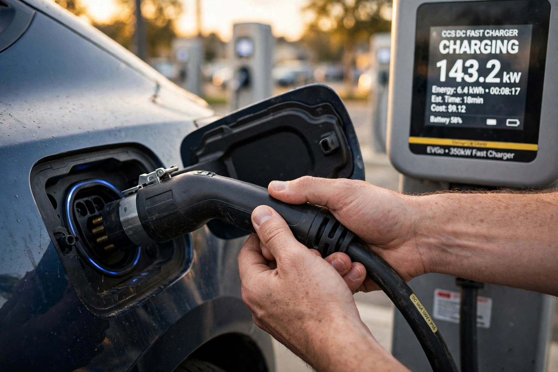 Close-up of a driver's hands plugging a thick dc fast charger cable into an electric car while the charger screen shows 143 kW