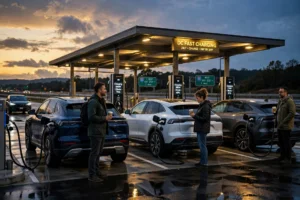 A small queue of electric cars plugged into a highway dc fast charger plaza at dusk, drivers waiting nearby with takeaway coffee cups