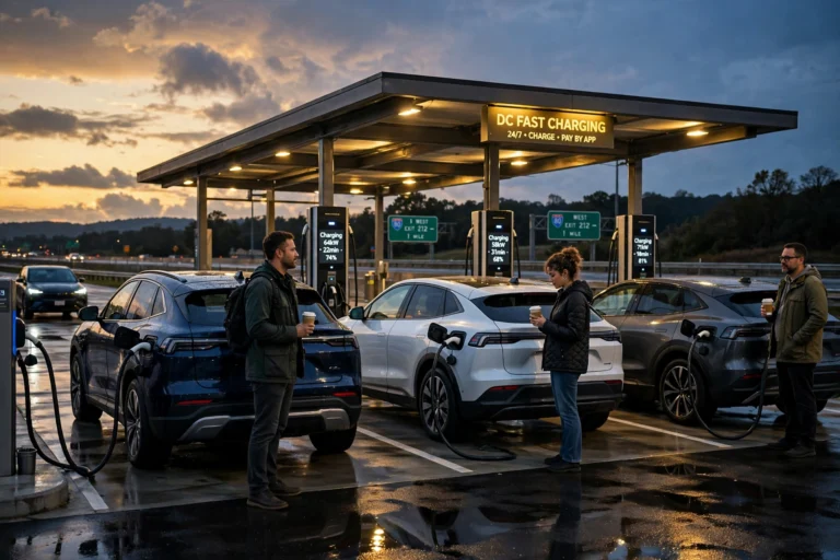 A small queue of electric cars plugged into a highway dc fast charger plaza at dusk, drivers waiting nearby with takeaway coffee cups
