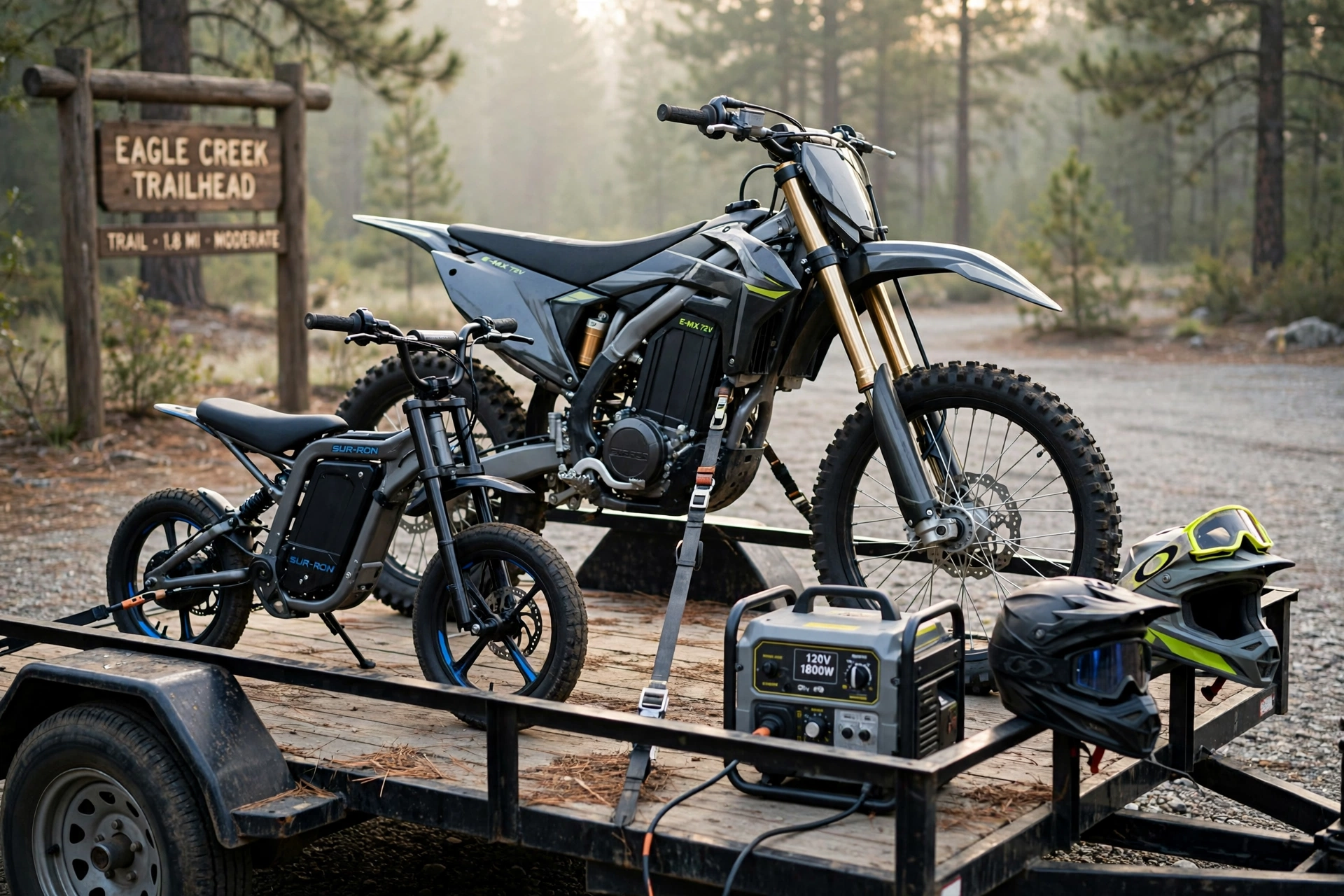 Two dirt bikes that are electric strapped to a trailer at a forest trailhead, a Sur-Ron-style lightweight play bike beside a full-size electric motocross bike, with a portable generator and charging cables nearby