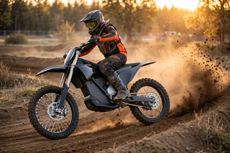 Full-size electric motocross bike roosting a dirt berm at a motocross track, showing the battery spine frame and missing exhaust pipe that mark out dirt bikes that are electric