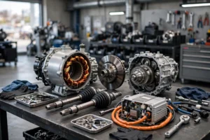 Electric car motor and drivetrain with no engine oil components