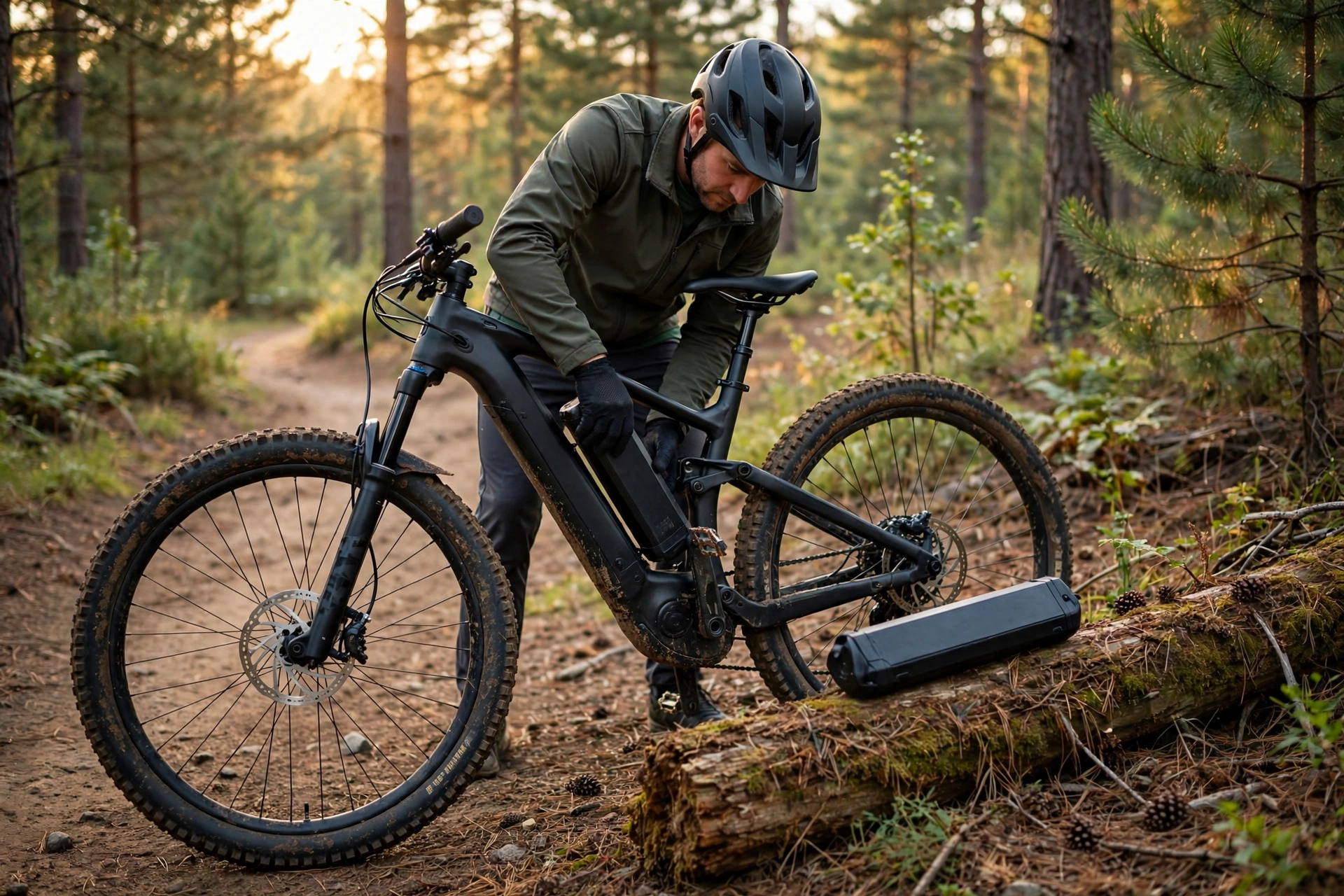 Rider sliding a fresh e bike battery into the downtube of an electric mountain bike at a forest trail stop