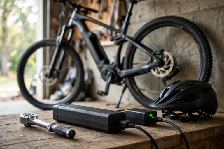 E bike battery pack charging on a garage workbench next to its manufacturer charger, torque wrench and helmet
