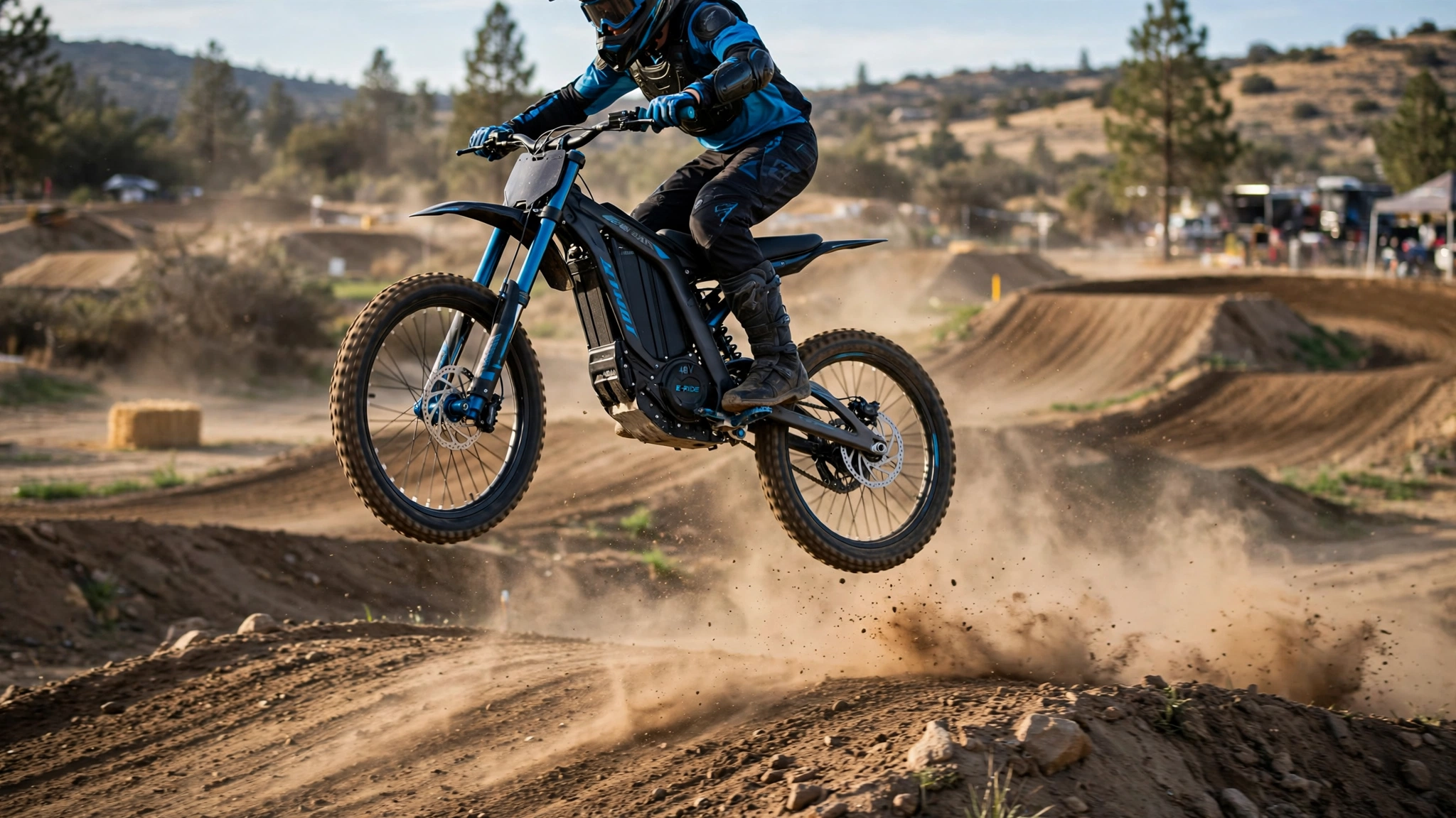 E-bike dirt machine catching air over a dirt track berm with dust flying