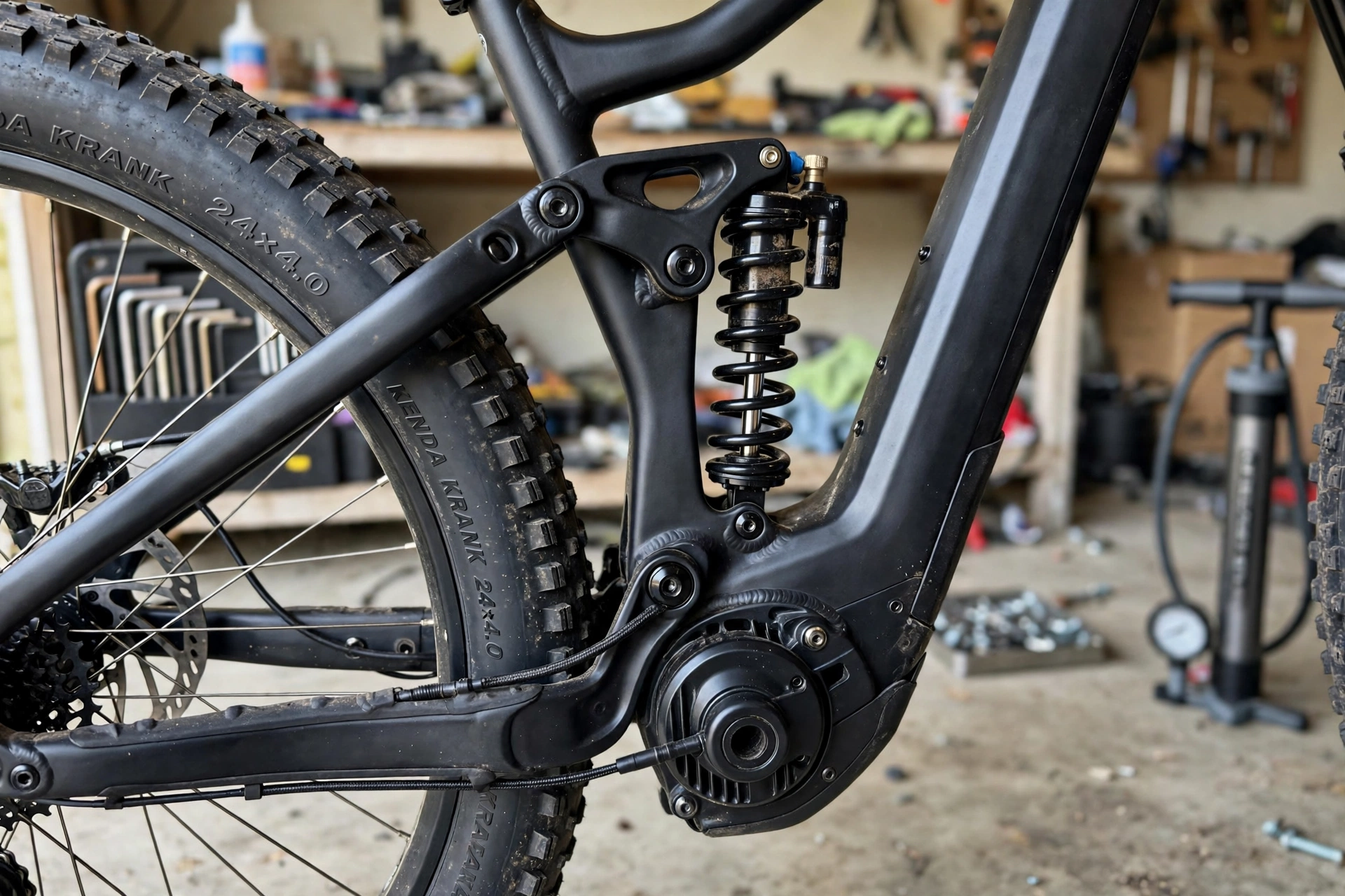 Close-up of the rear coil shock, linkage and hub motor area of an Eahora P5 II 1500W electric bike in a home garage, showing the 24x4.0 rear tire and disc brake rotor
