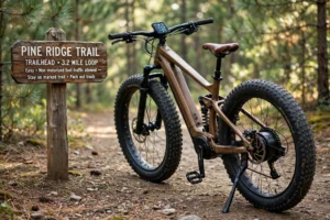 Brown Eahora P5 II 1500W electric bike with seamless magnesium frame and 24x4 fat tires parked beside a wooden trailhead sign in a pine forest