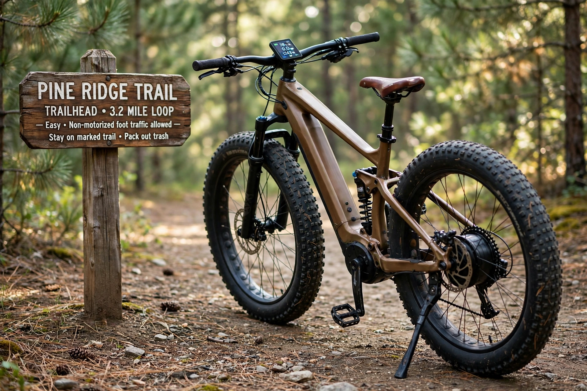 Brown Eahora P5 II 1500W electric bike with seamless magnesium frame and 24x4 fat tires parked beside a wooden trailhead sign in a pine forest