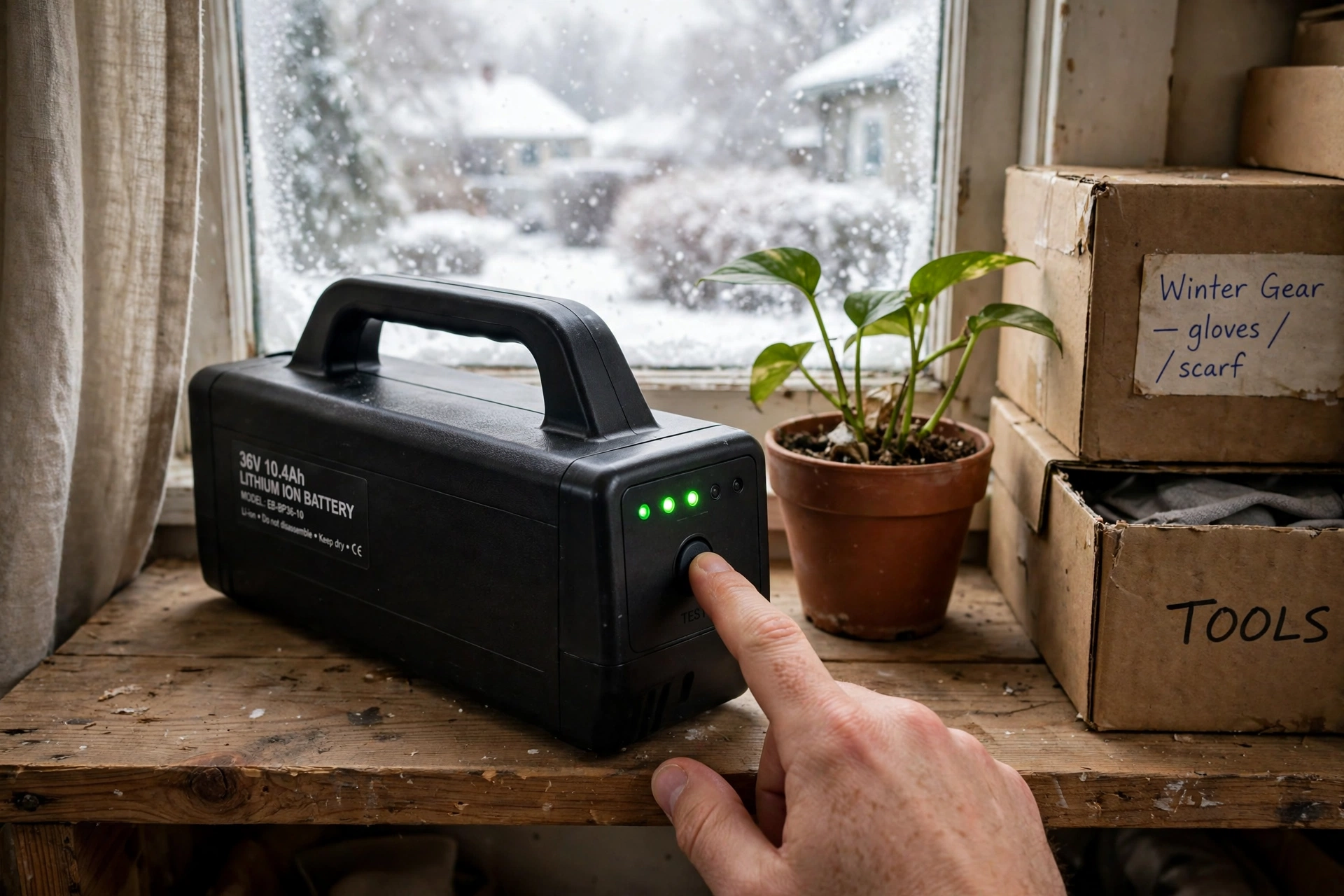 Checking the charge level of an electric bicycle replacement battery stored on an indoor shelf for winter, snow falling outside the window