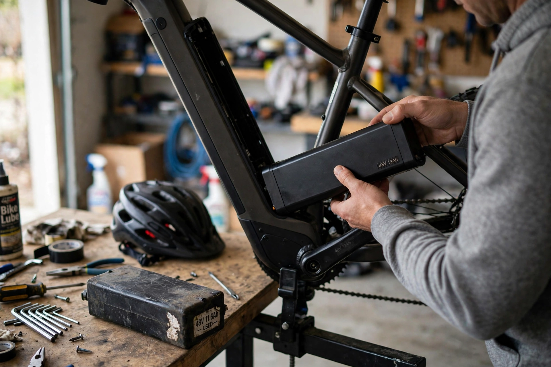 Fitting an electric bicycle replacement battery into the downtube of an e-bike on a garage workstand, the old worn pack resting on the bench beside it