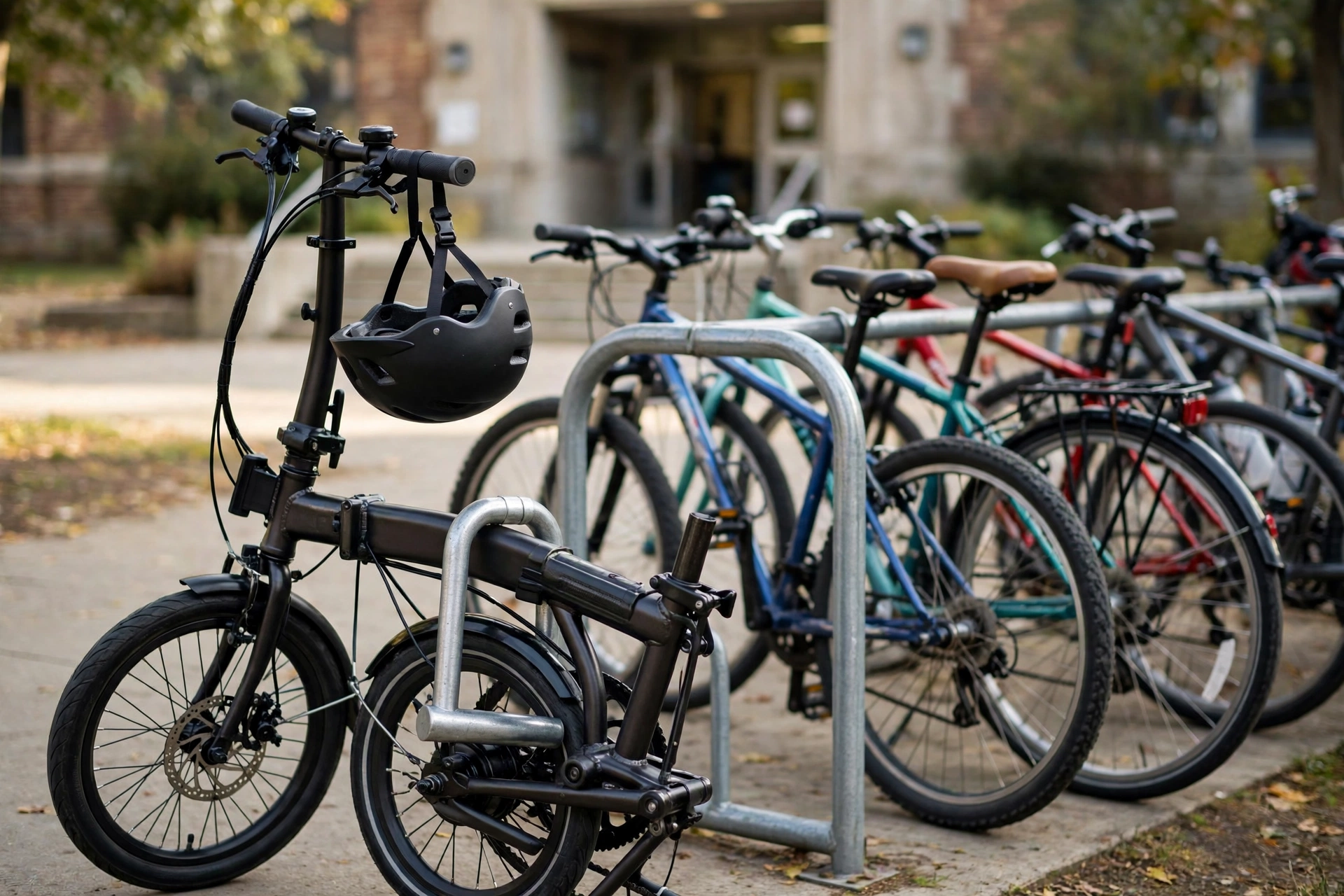 Compact folding electric bike for teens locked with a steel U-lock to a school bike rack, helmet hanging from the handlebar