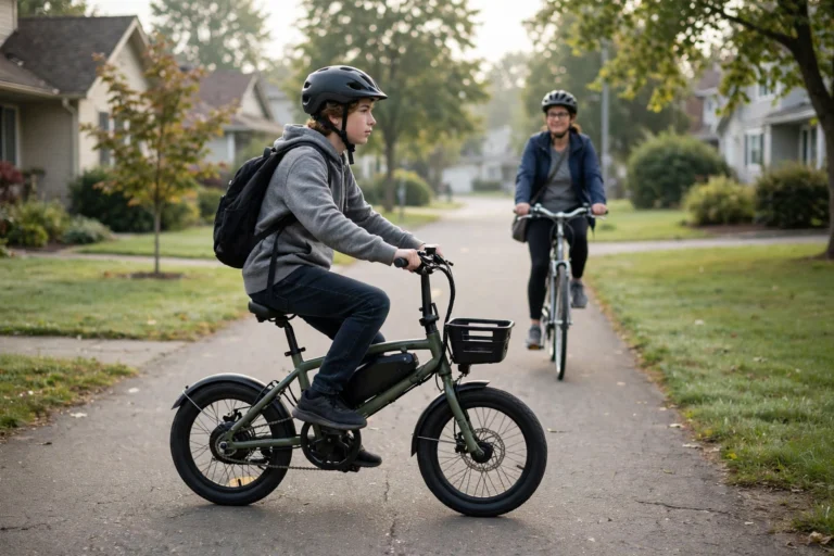 Teenager in a helmet riding a compact electric bike for teens along a suburban bike path with a parent cycling behind