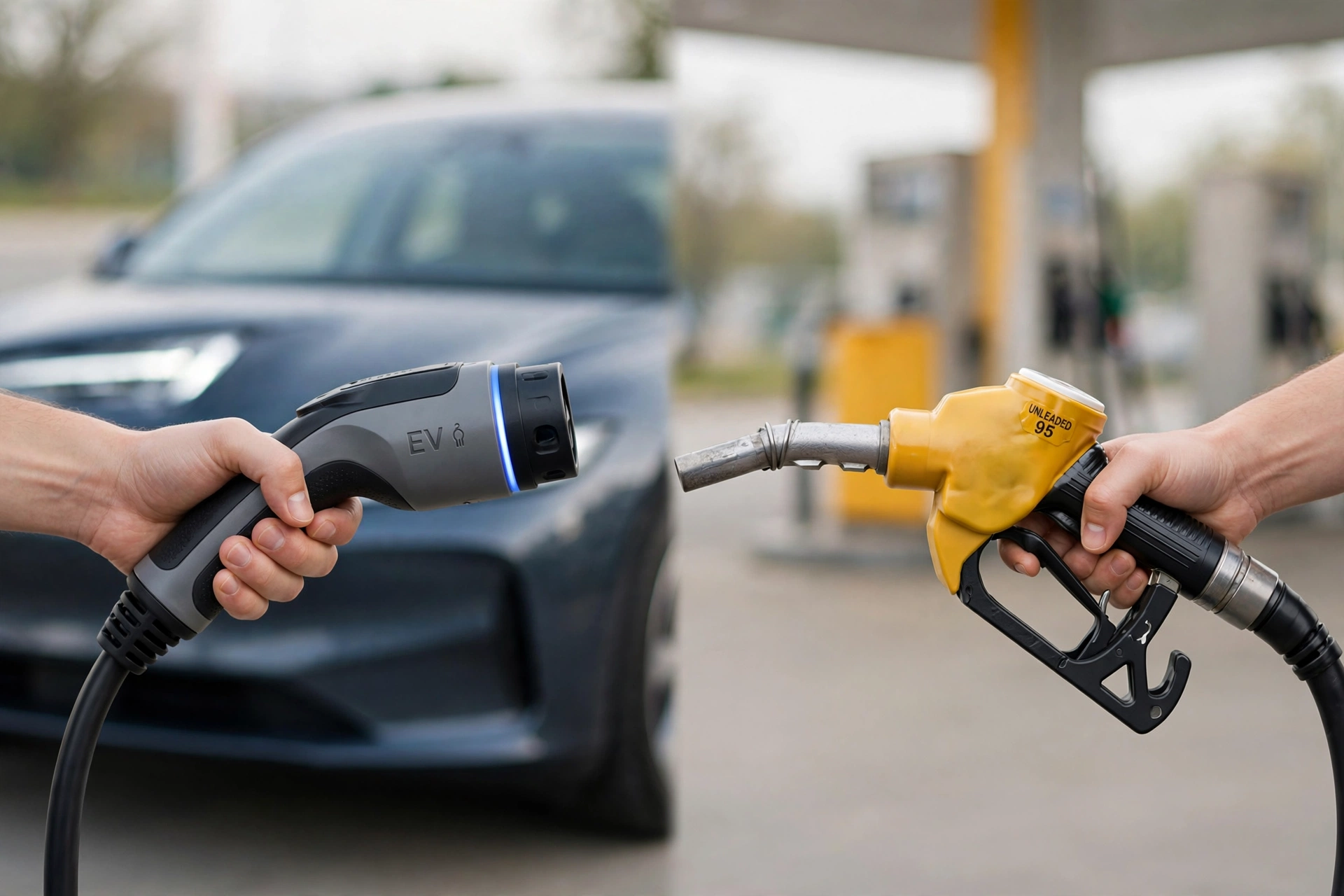 Hands holding an EV charging plug and a yellow gas pump nozzle side by side, electric versus gasoline refueling comparison