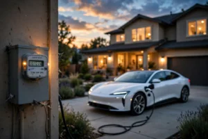 White electric sedan charging in a suburban driveway at dusk with a glowing residential electric meter in the foreground