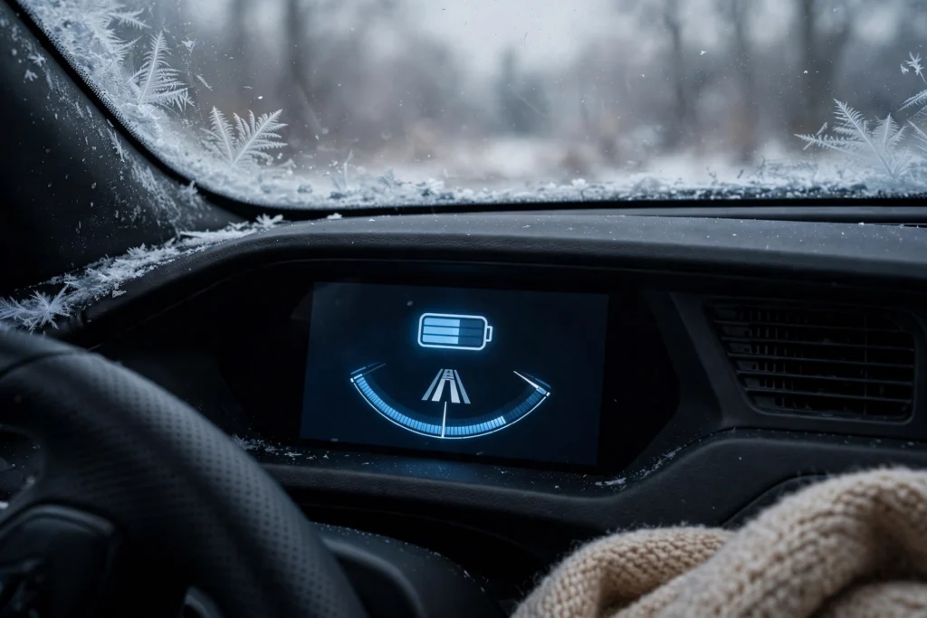 Electric car dashboard showing battery range display in winter