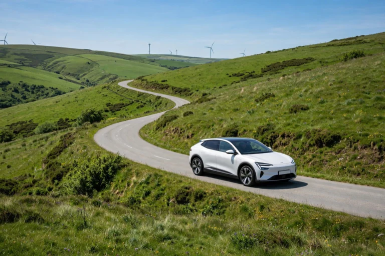 White electric car driving through green hills with wind turbines